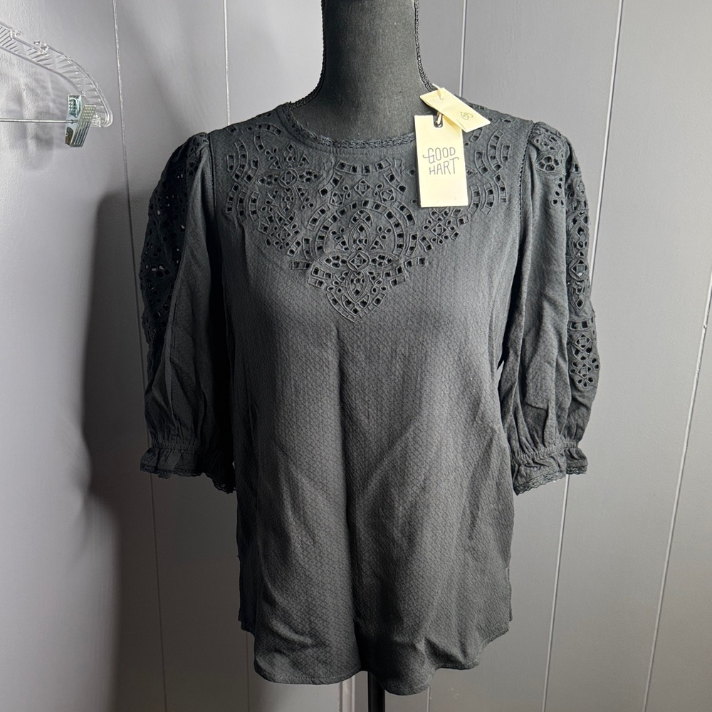 Matilda Jane Good hart westlake eyelet black blouse elbow length sleeves